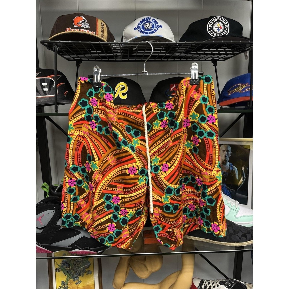 Vintage 70s Psychedelic Barkcloth Multi Color Drawstring Shorts See Measurements